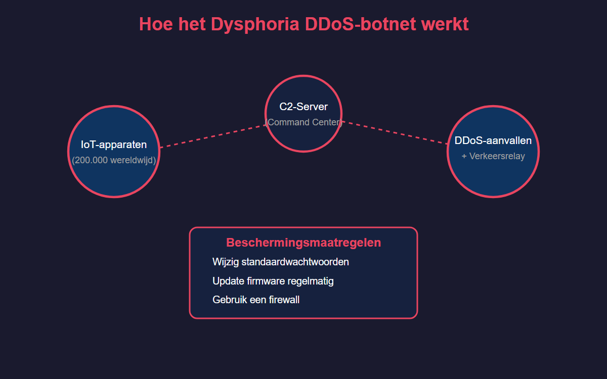 Infographic over het Dysphoria DDoS-botnet met 200.000 geïnfecteerde apparaten wereldwijd