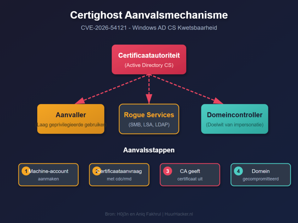 Infographic die het aanvalsmechanisme van de Certighost kwetsbaarheid in Windows Active Directory uitlegt