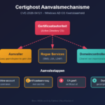 Infographic die het aanvalsmechanisme van de Certighost kwetsbaarheid in Windows Active Directory uitlegt