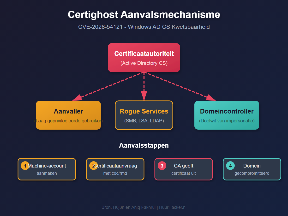 Infographic die het aanvalsmechanisme van de Certighost kwetsbaarheid in Windows Active Directory uitlegt